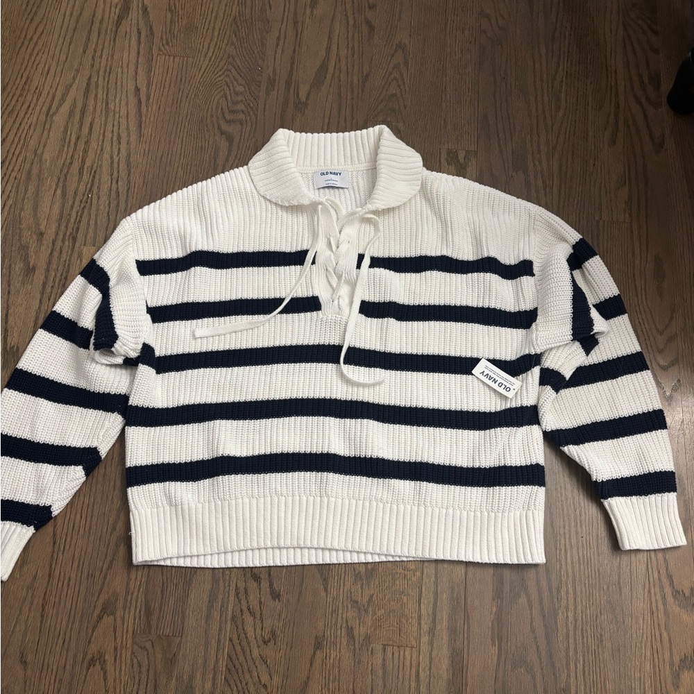 NWT Old Navy White and Navy Striped Lace-Up Pullover Sweater